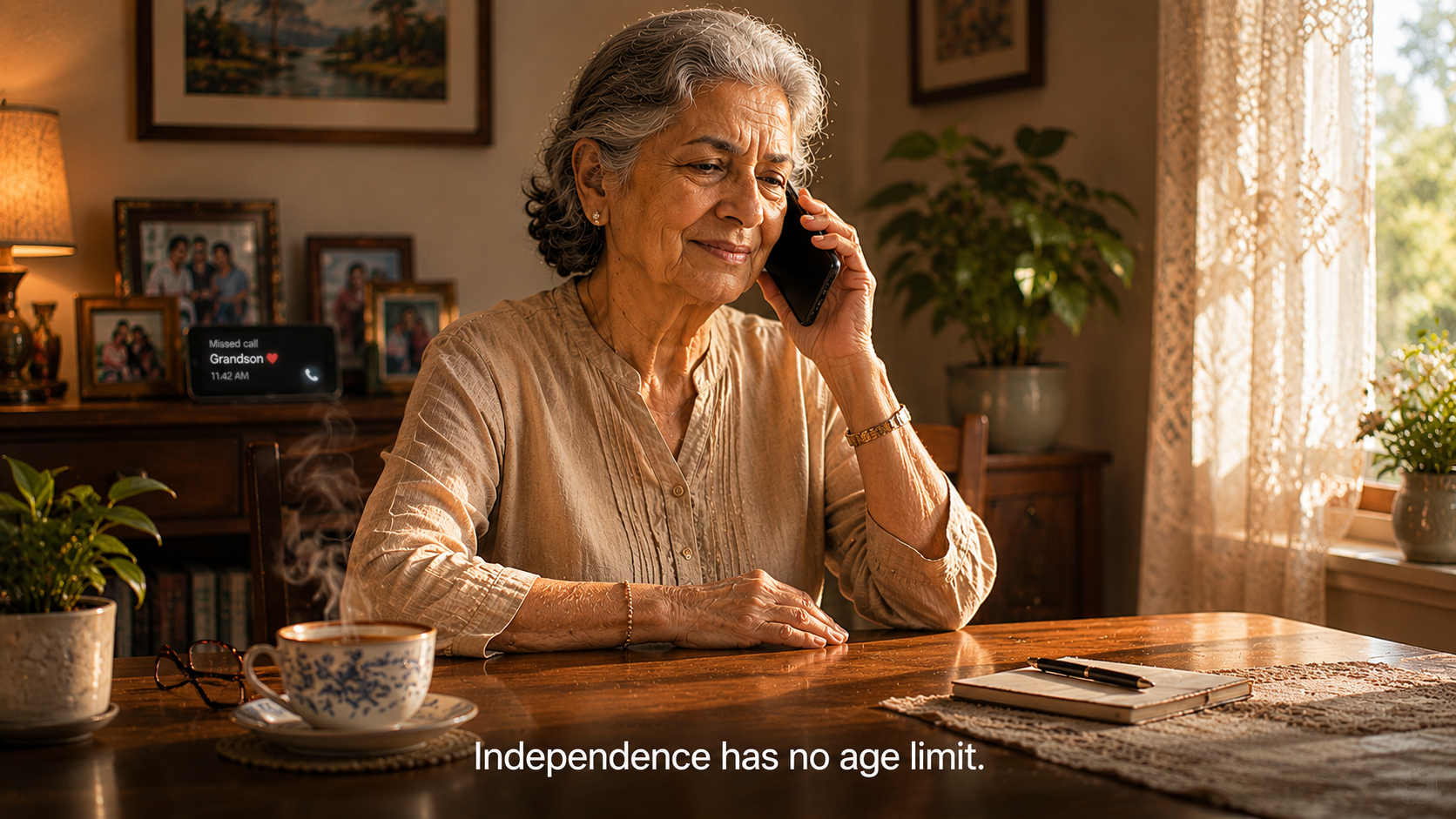 An elderly woman calm and settled, having handled everything herself