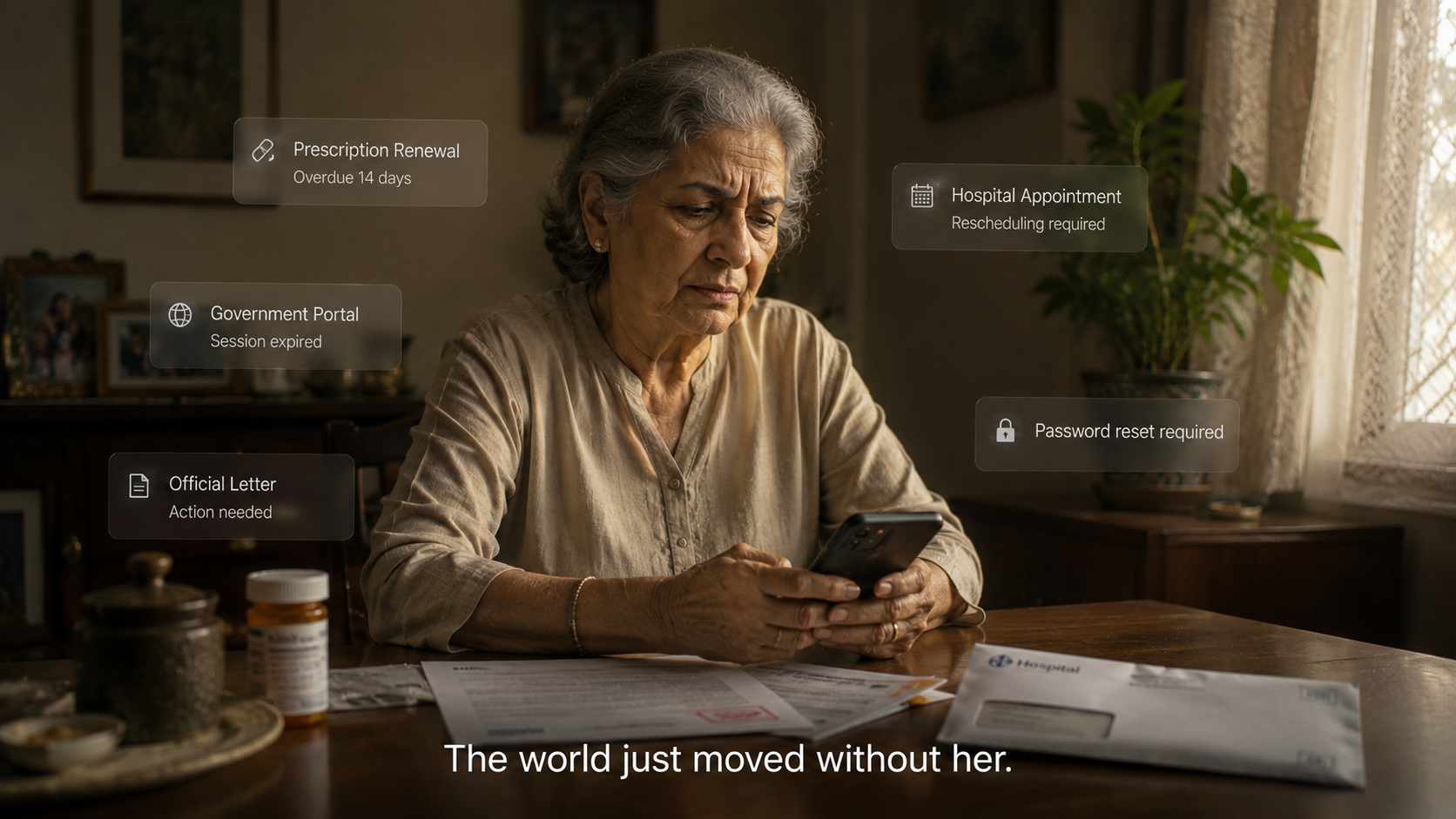 An elderly woman struggling with digital portals and bureaucratic barriers