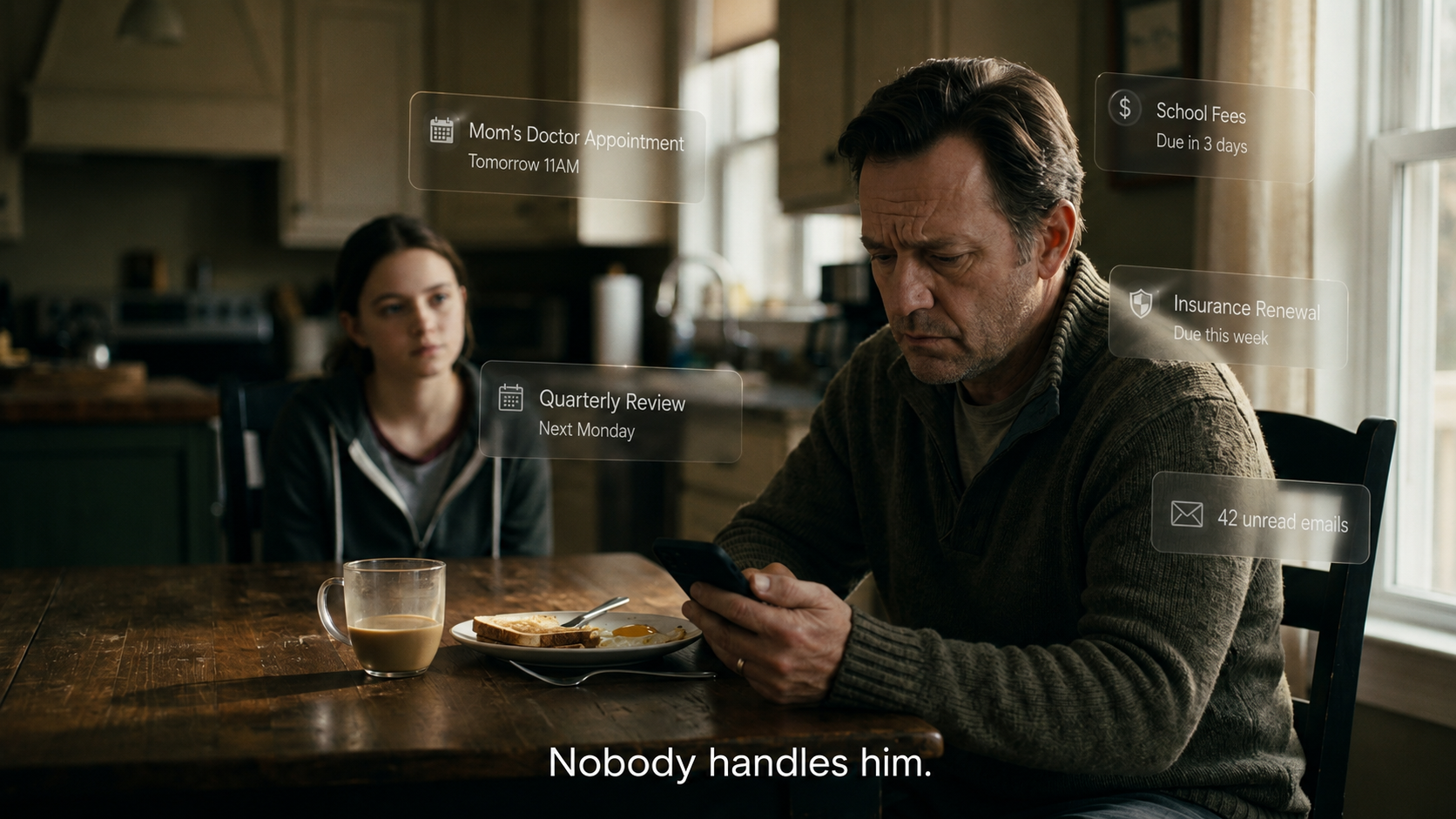 A father at breakfast overwhelmed by notifications while his daughter waits