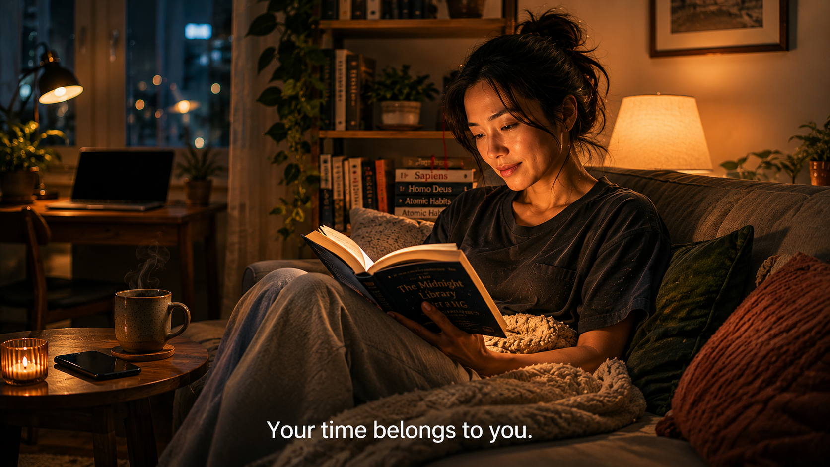 A woman reading a book on her sofa, phone face down, finally at rest
