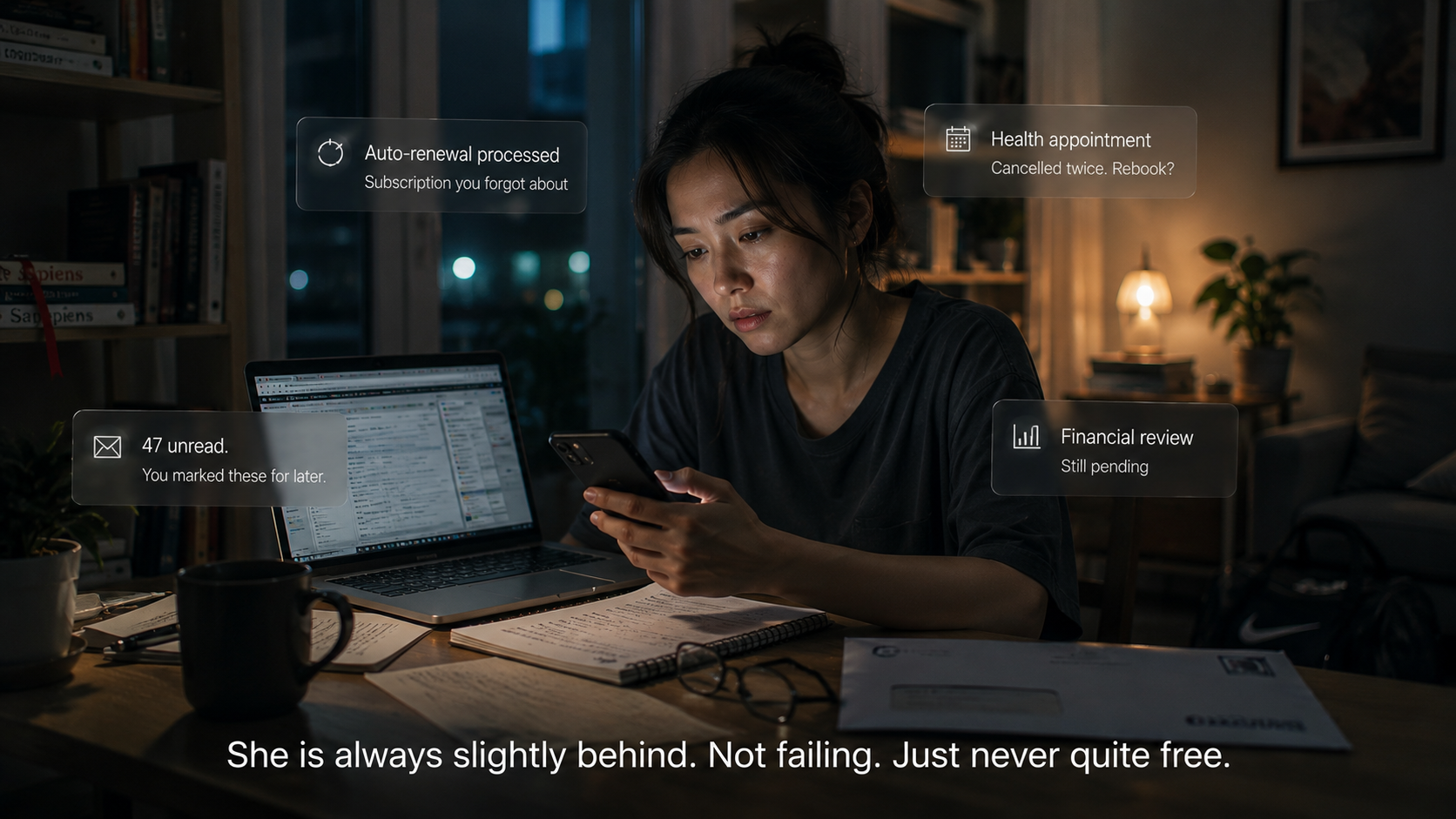 A woman late at night managing endless tabs and digital tasks