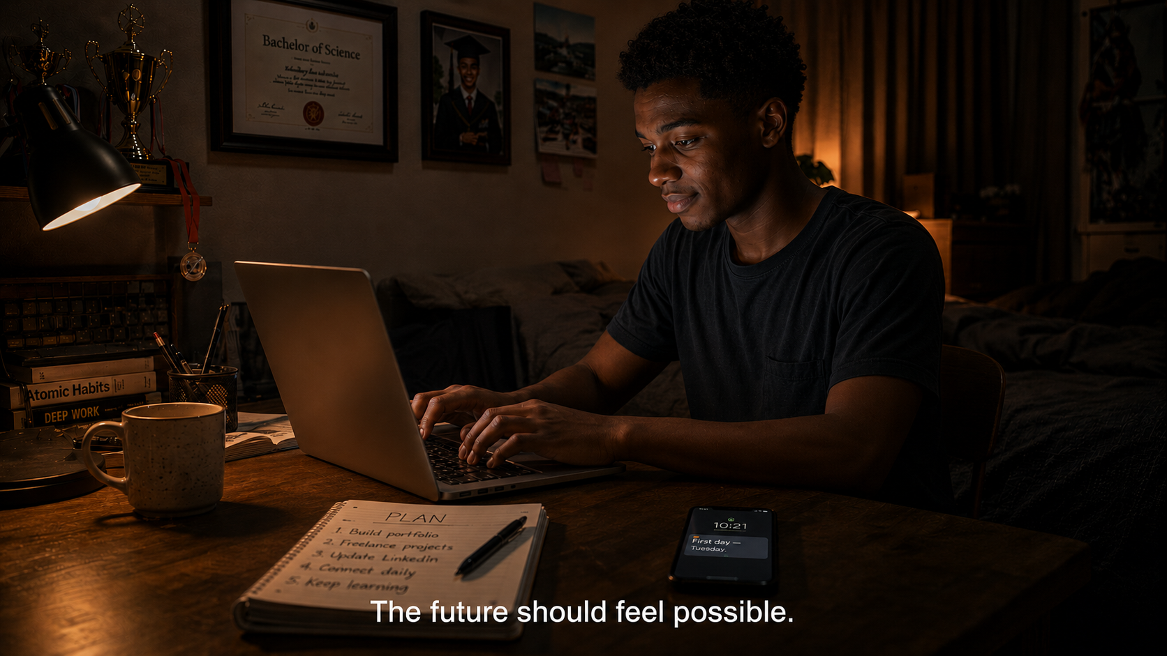 A young man at his desk with a quiet confident smile, First Day Tuesday on his phone