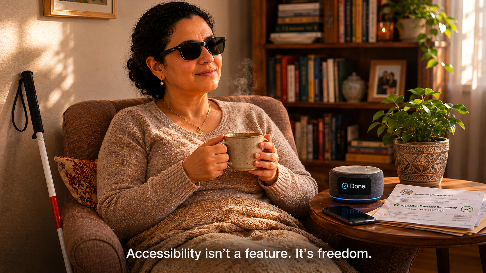 A blind woman calm and settled with fresh tea, white cane still visible, task confirmed done
