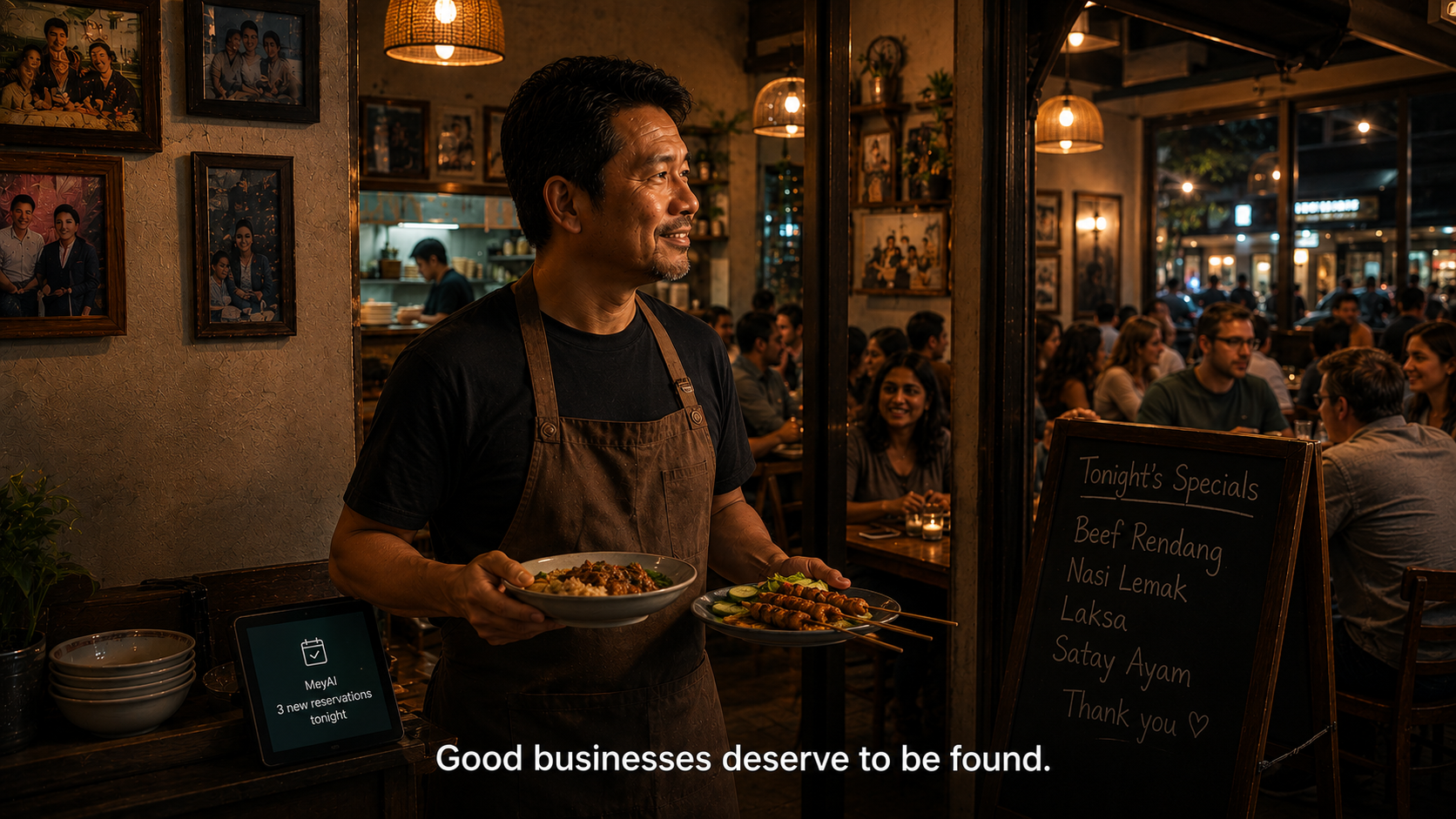 The same restaurant owner carrying plates through a full warm room of happy customers