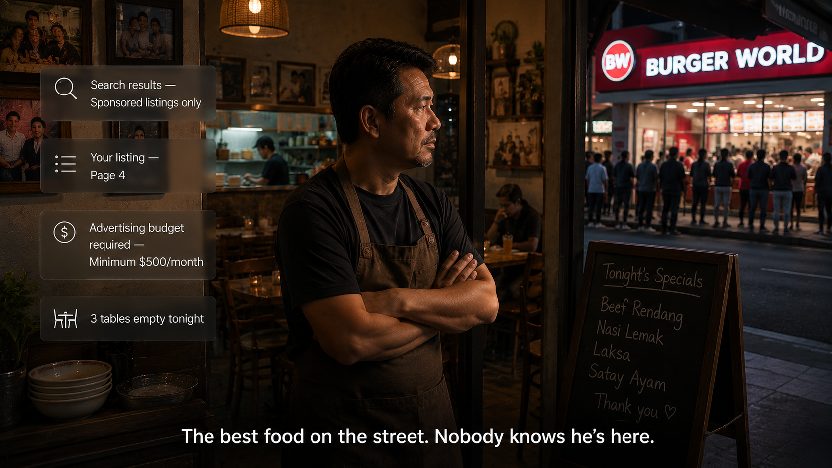 A small restaurant owner standing in his empty doorway watching the chain restaurant queue across the street