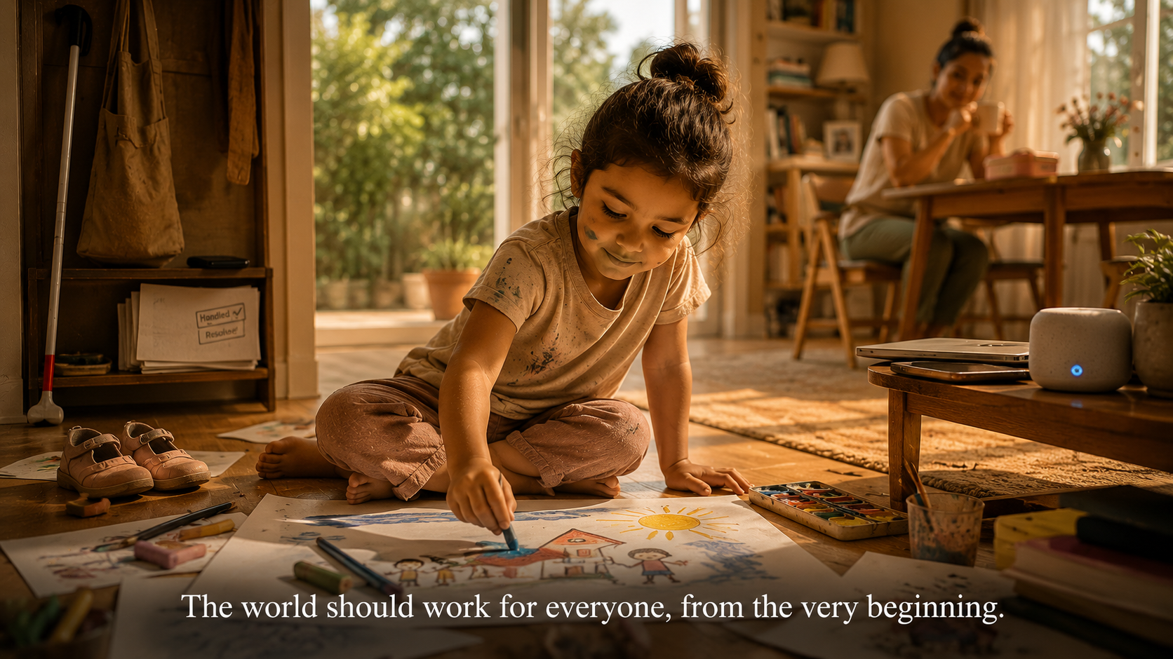 A young child drawing freely on the floor, a parent watching peacefully in the background
